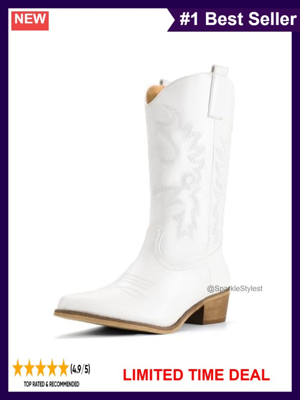 IDIFU Western Cowboy Boots Mid Calf Chunky Low Heel Pointed Toe Women's